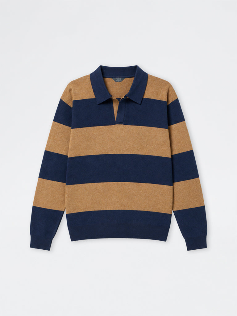 WES Casuals Navy and Brown Relaxed-Fit Cotton-Blend Sweater