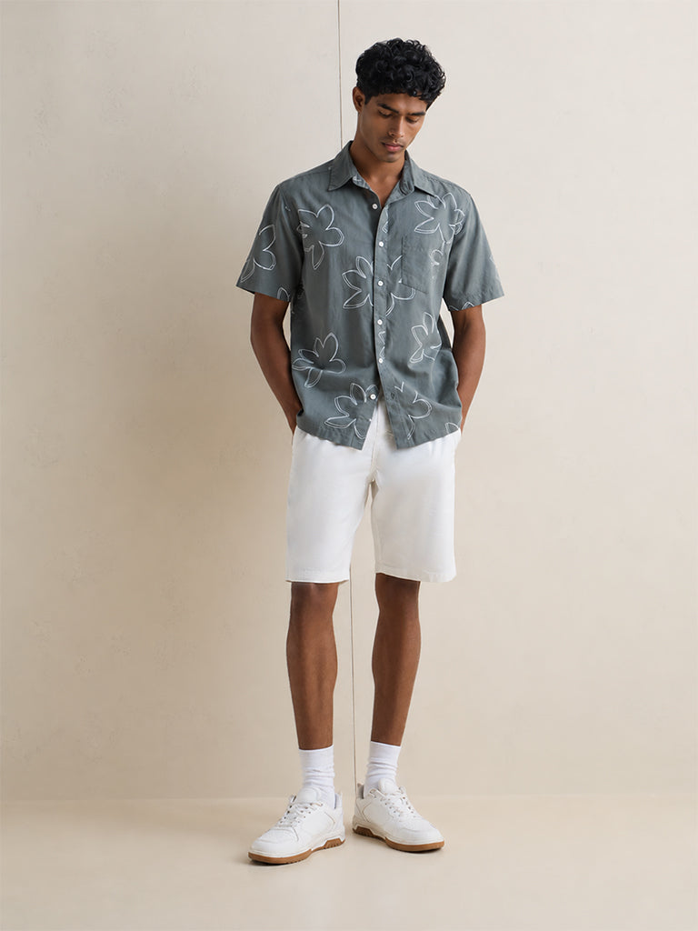 WES Casuals Sage Green Floral Relaxed-Fit Cotton-Blend Shirt
