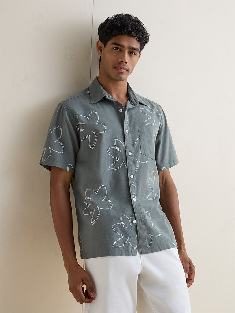 WES Casuals Sage Green Floral Relaxed-Fit Cotton-Blend Shirt