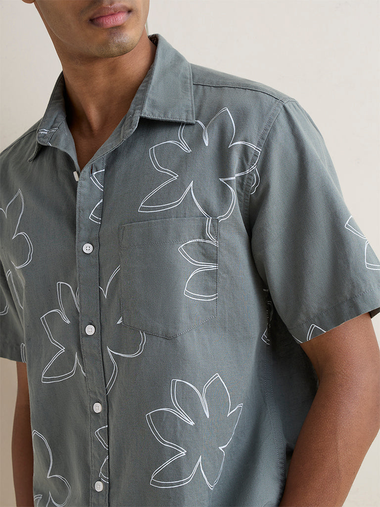 WES Casuals Sage Green Floral Relaxed-Fit Cotton-Blend Shirt