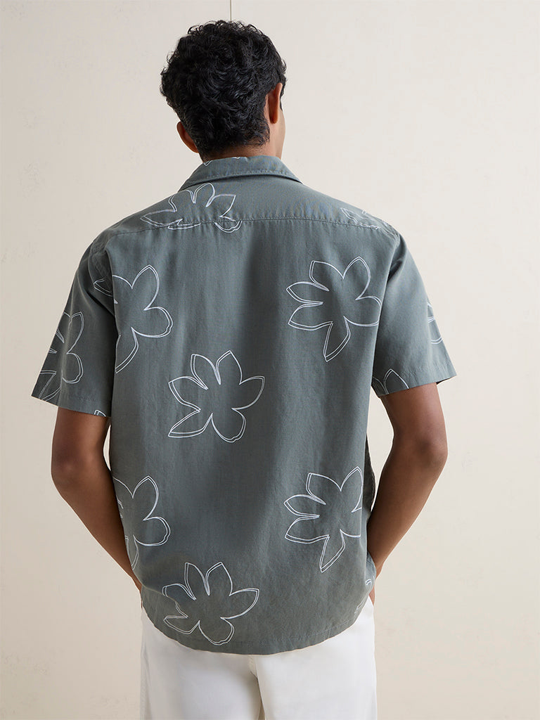 WES Casuals Sage Green Floral Relaxed-Fit Cotton-Blend Shirt