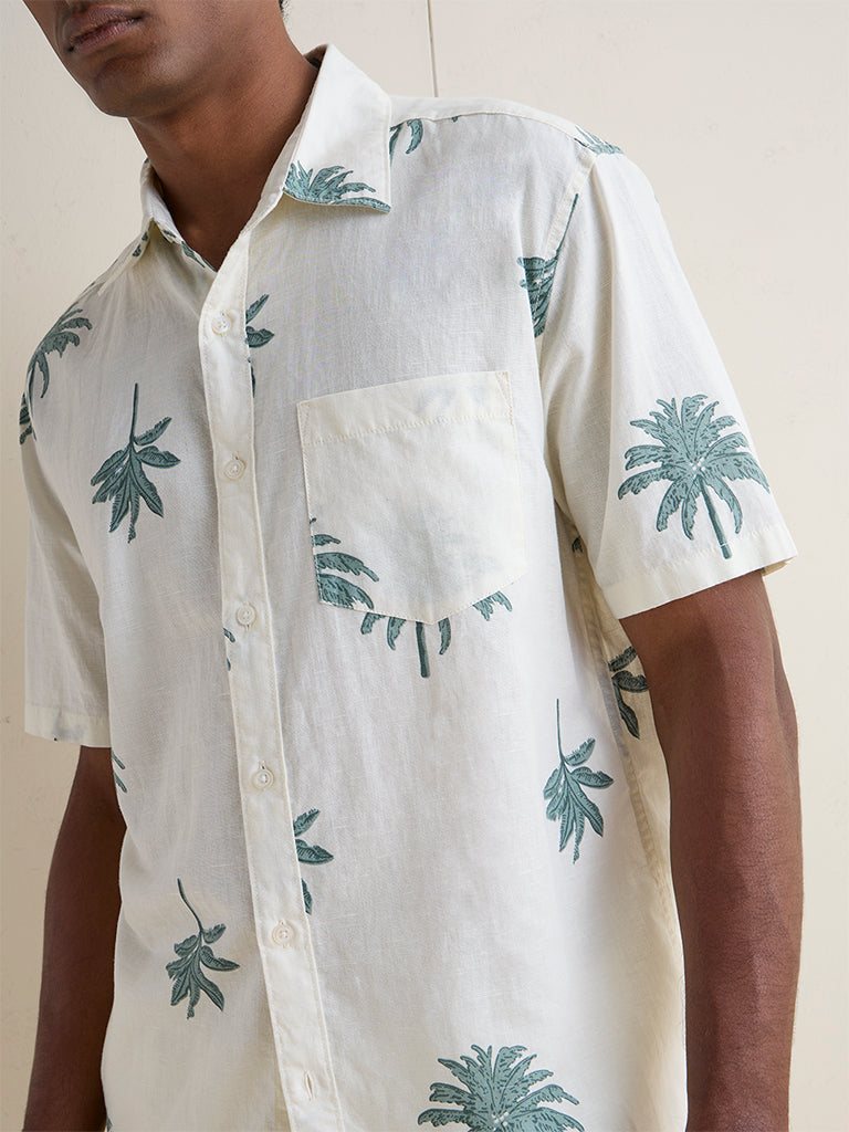 WES Casuals Off-White Botanical Printed Relaxed-Fit Shirt