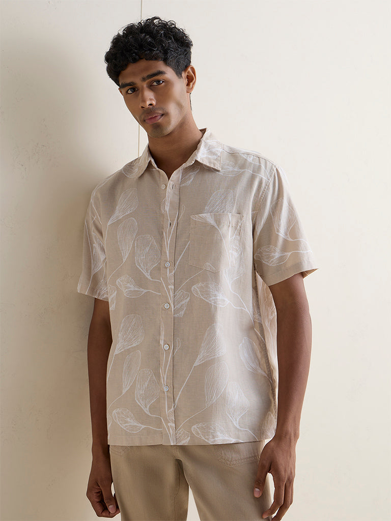 WES Casuals Light Taupe Relaxed-Fit Cotton-Blend Shirt