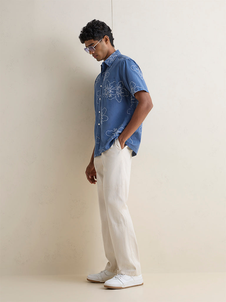 WES Casuals Blue Floral Relaxed-Fit Cotton-Blend Shirt