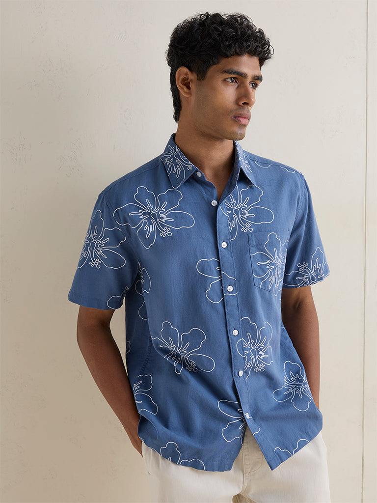 WES Casuals Blue Floral Relaxed-Fit Cotton-Blend Shirt
