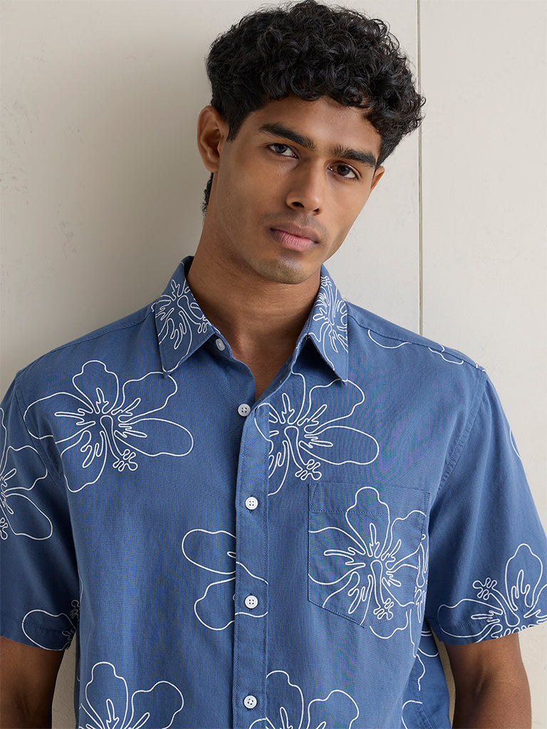 WES Casuals Blue Floral Relaxed-Fit Cotton-Blend Shirt