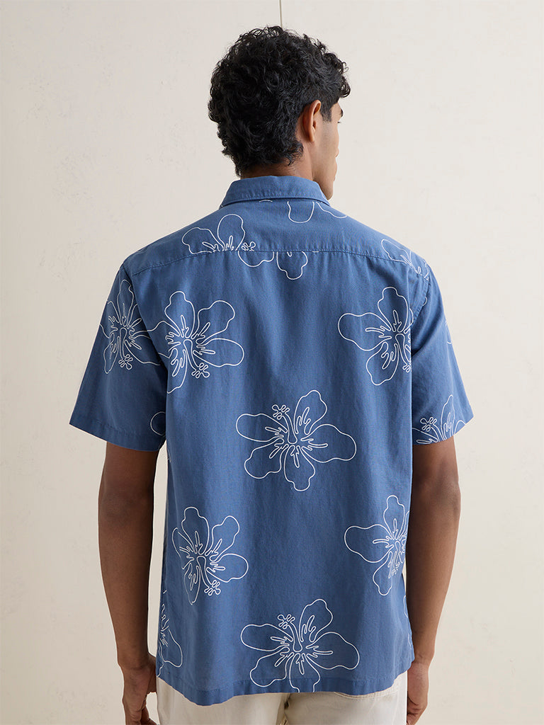 WES Casuals Blue Floral Relaxed-Fit Cotton-Blend Shirt