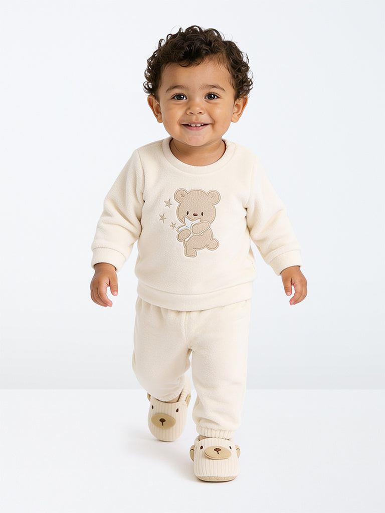 HOP Baby Boys Off-White Teddy Embroidered Sweatshirt and Pants Set