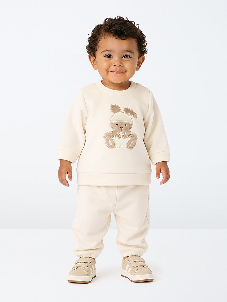 HOP Baby Boys Off-White Bunny Design Sweatshirt and Joggers Set