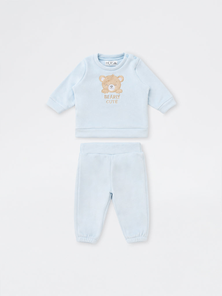 HOP Baby Boys Light Blue Bear Embroidered Sweatshirt and Pants Set