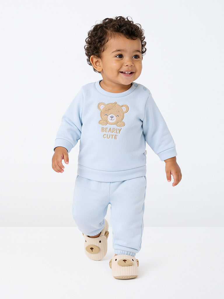 HOP Baby Boys Light Blue Bear Embroidered Sweatshirt and Pants Set