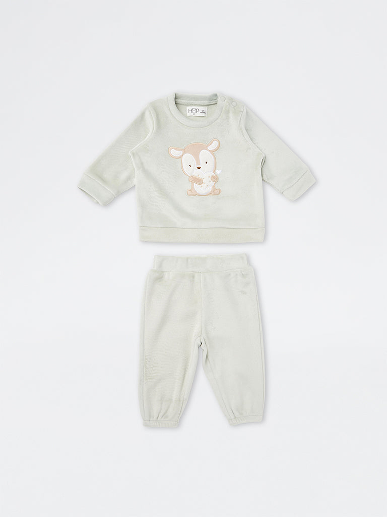 HOP Baby Girls Light Sage Animal Embroidered Sweatshirt and Pants Set
