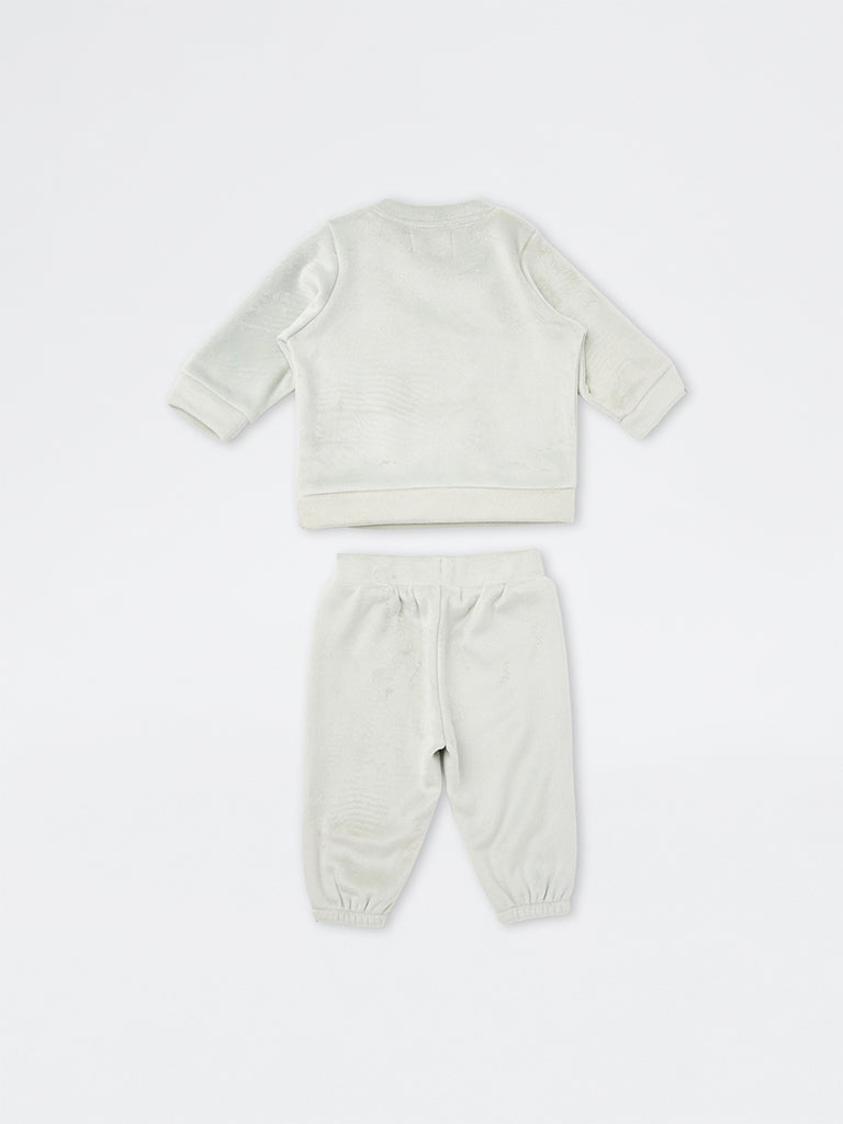HOP Baby Girls Light Sage Animal Embroidered Sweatshirt and Pants Set