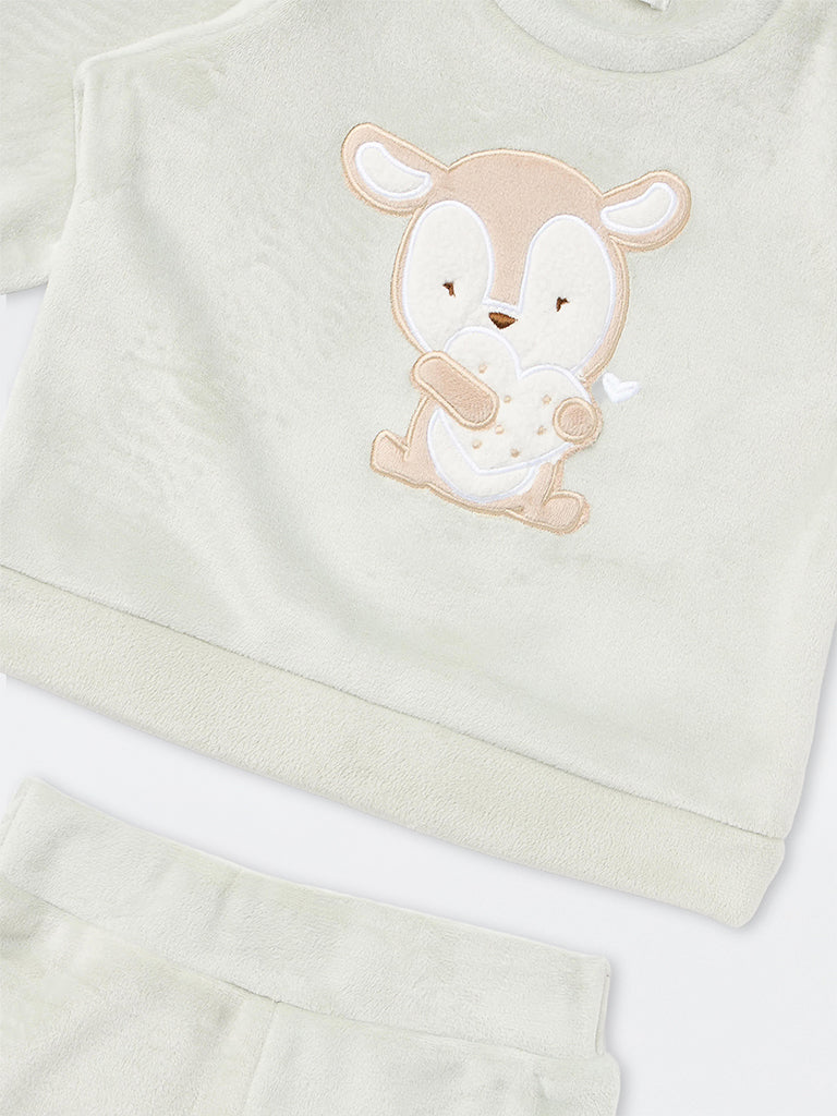 HOP Baby Girls Light Sage Animal Embroidered Sweatshirt and Pants Set