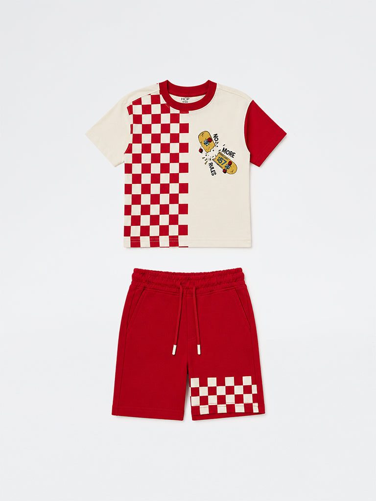 HOP Kids Boys Red Checkered Cotton T-Shirt and Shorts Set