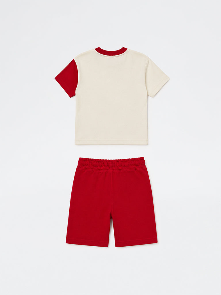 HOP Kids Boys Red Checkered Cotton T-Shirt and Shorts Set