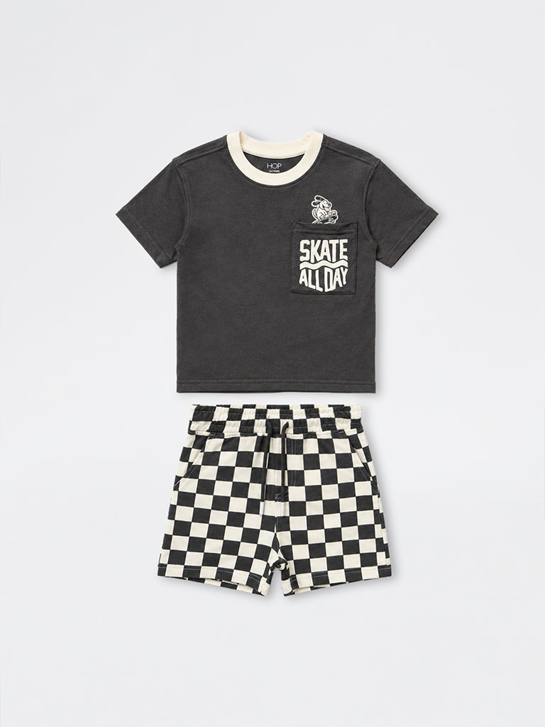 HOP Kids Boys Dark Grey Printed Cotton T-Shirt and Shorts Set