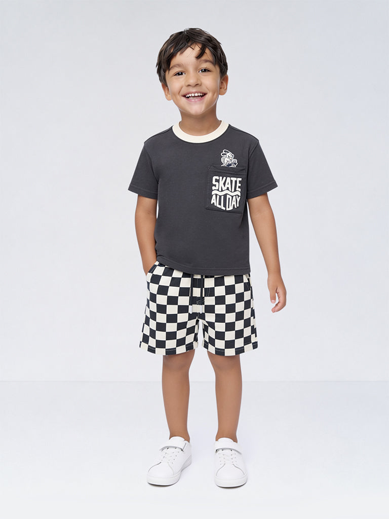 HOP Kids Boys Dark Grey Printed Cotton T-Shirt and Shorts Set