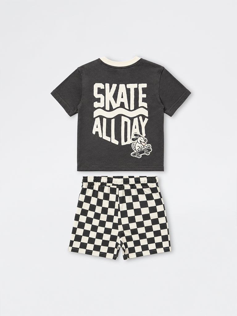 HOP Kids Boys Dark Grey Printed Cotton T-Shirt and Shorts Set