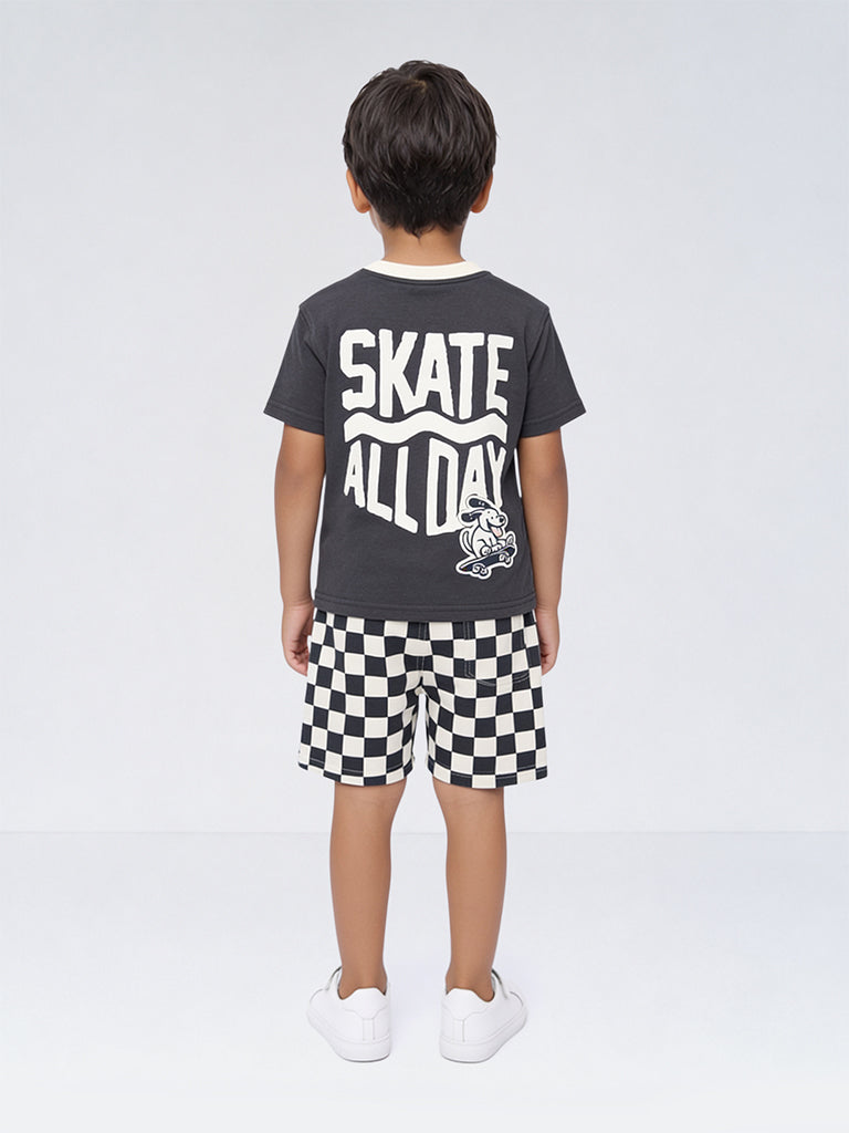 HOP Kids Boys Dark Grey Printed Cotton T-Shirt and Shorts Set