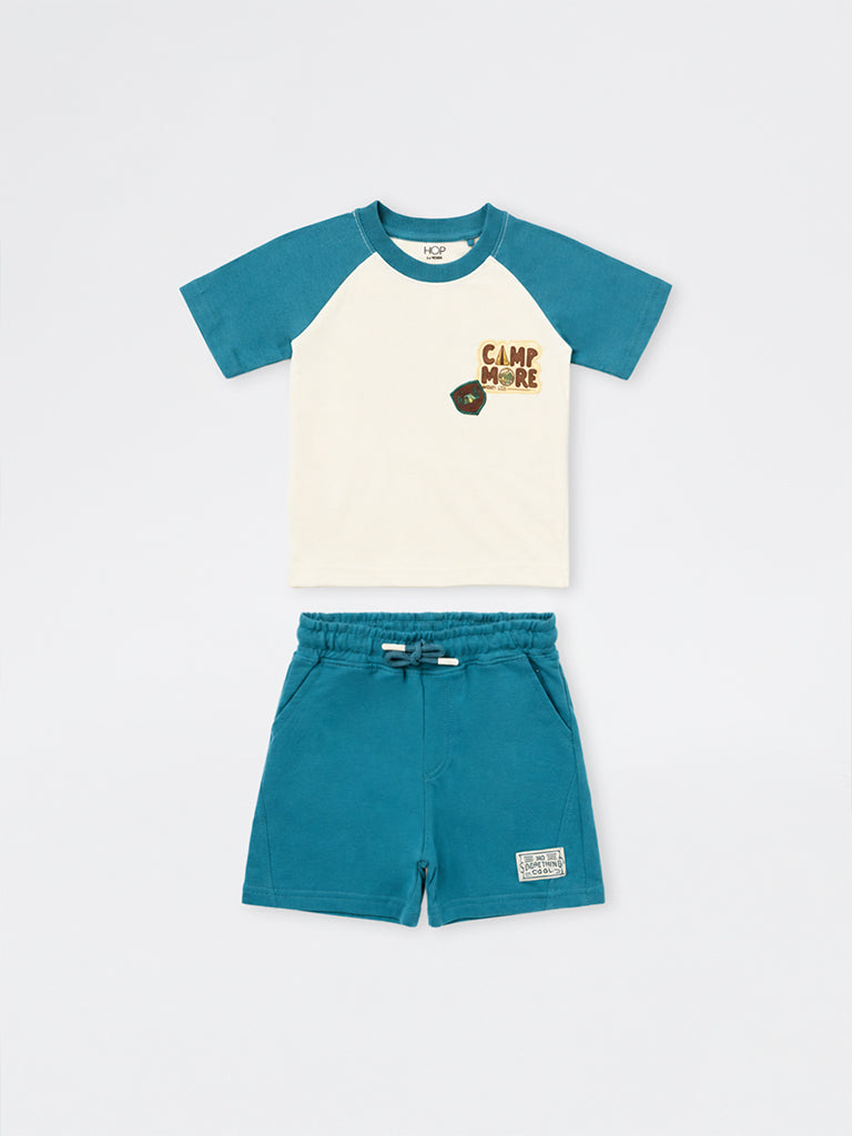 HOP Kids Boys Teal Camping-Inspired Cotton T-Shirt and Shorts Set