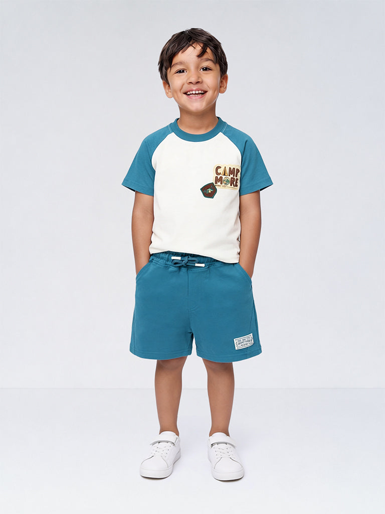HOP Kids Boys Teal Camping-Inspired Cotton T-Shirt and Shorts Set