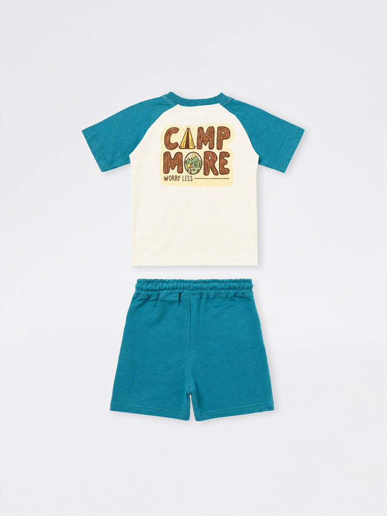 HOP Kids Boys Teal Camping-Inspired Cotton T-Shirt and Shorts Set
