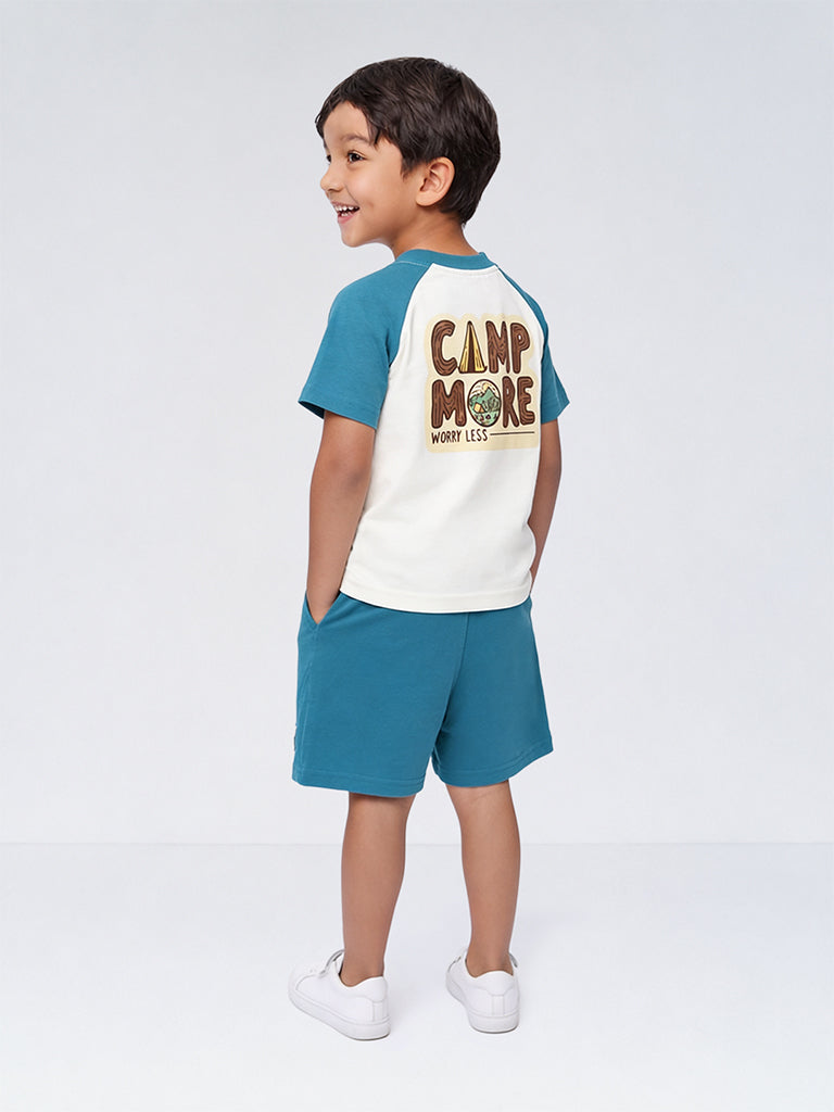 HOP Kids Boys Teal Camping-Inspired Cotton T-Shirt and Shorts Set