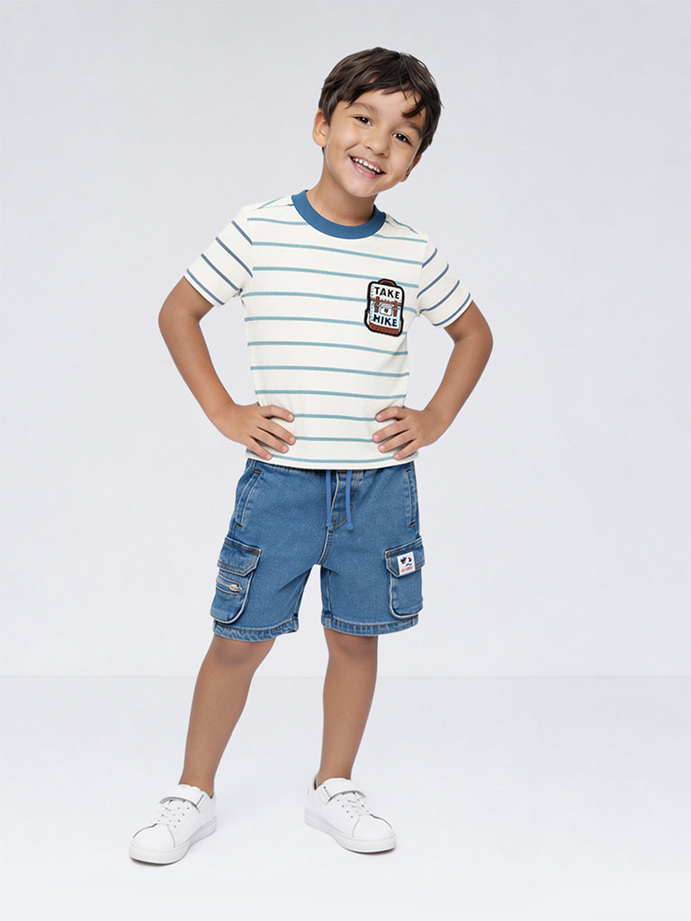 HOP Kids Boys Off-White Striped Cotton-Blend T-Shirt
