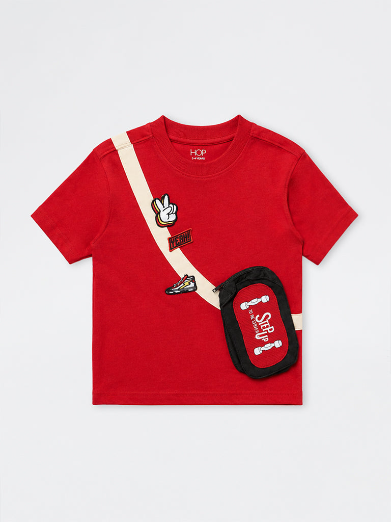 HOP Kids Boys Red Pouch Detailed Cotton T-Shirt