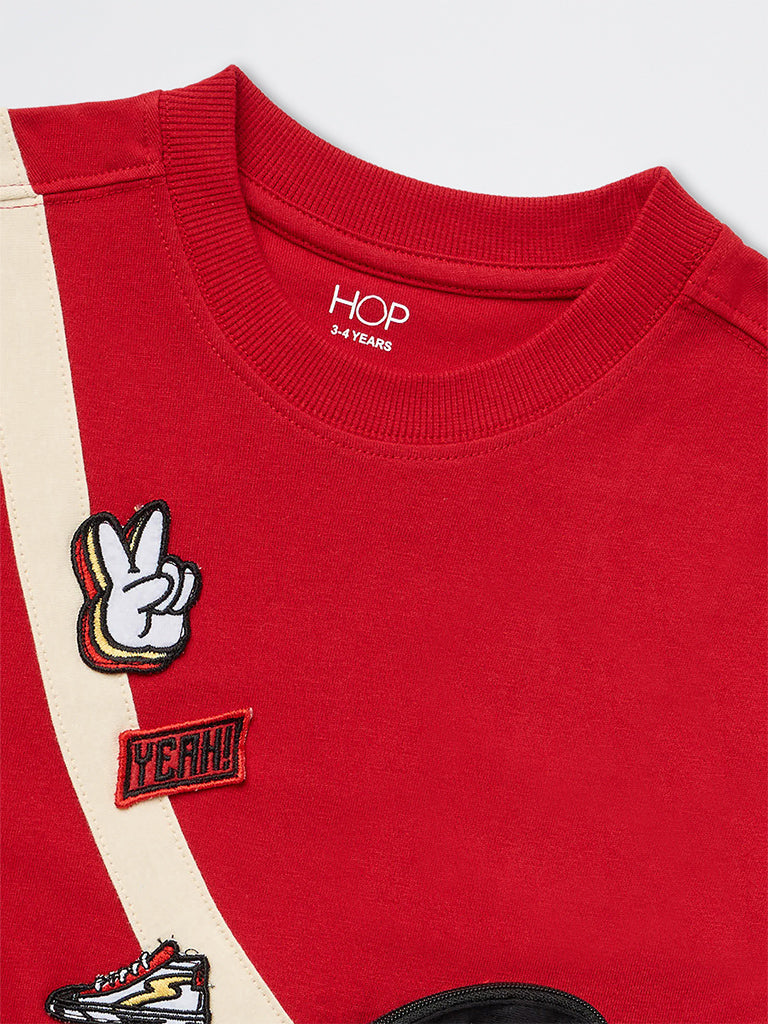 HOP Kids Boys Red Pouch Detailed Cotton T-Shirt
