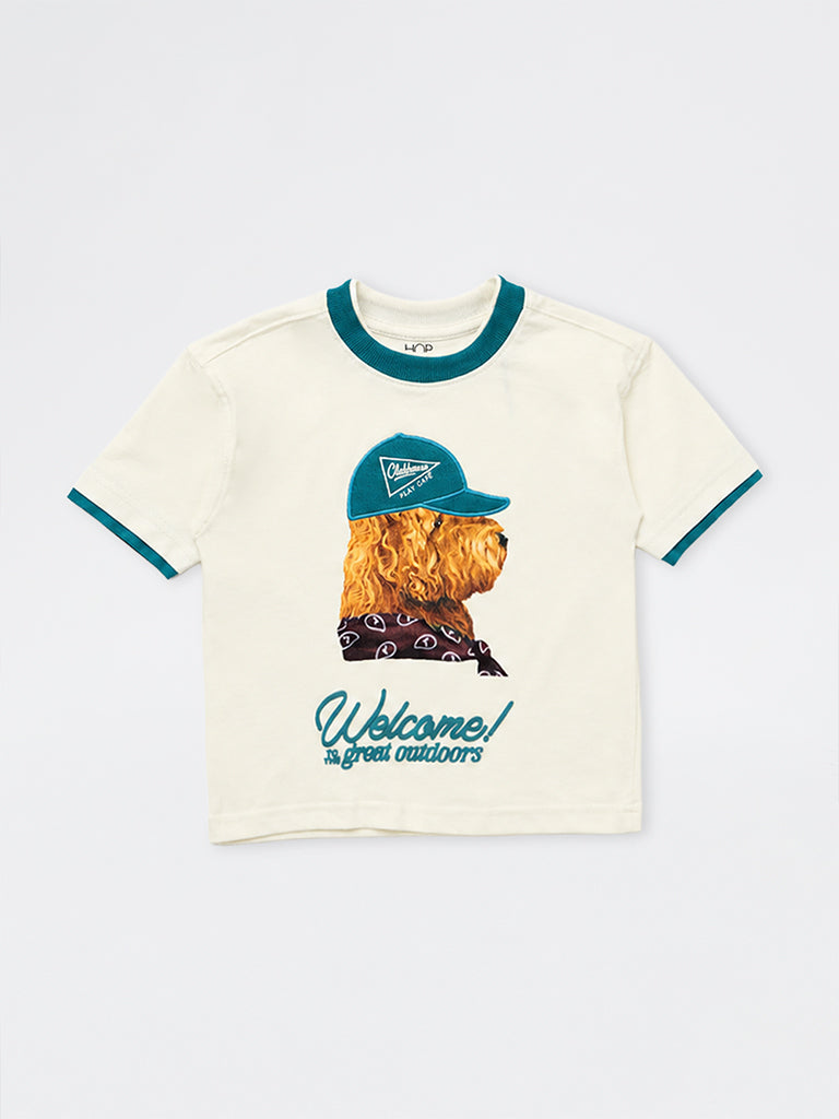 HOP Kids Boys Off-White Animal Printed Cotton T-Shirt