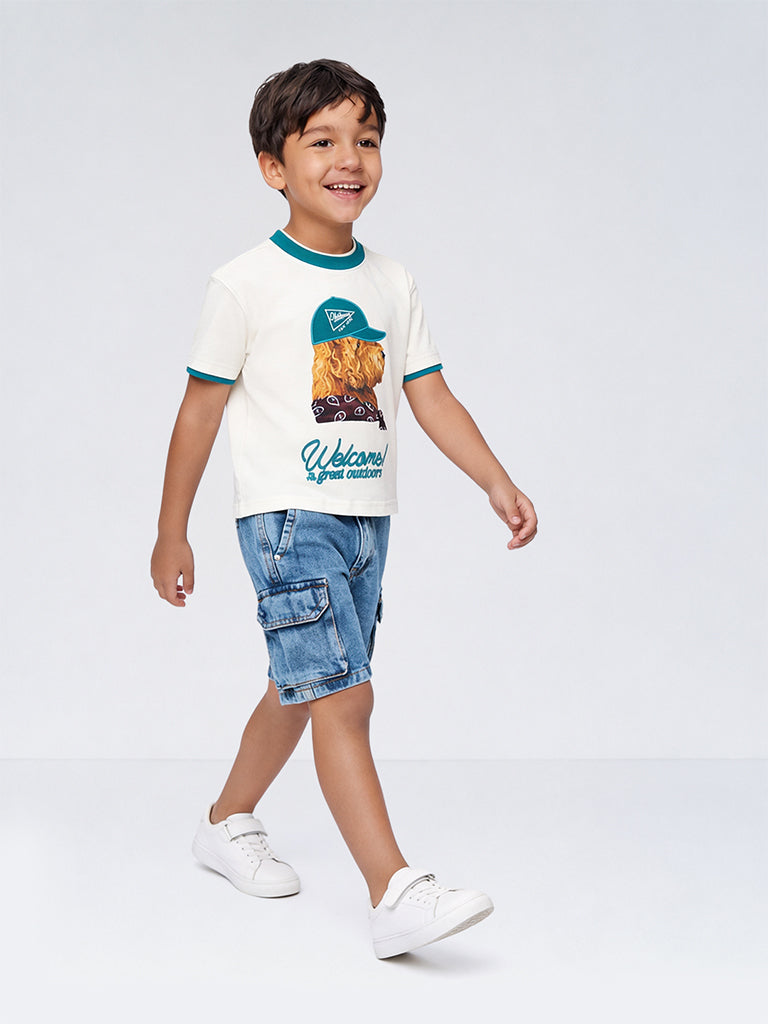 HOP Kids Boys Off-White Animal Printed Cotton T-Shirt