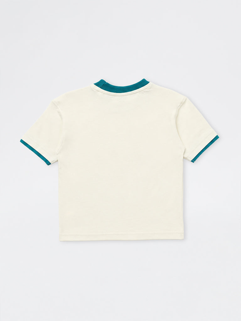 HOP Kids Boys Off-White Animal Printed Cotton T-Shirt