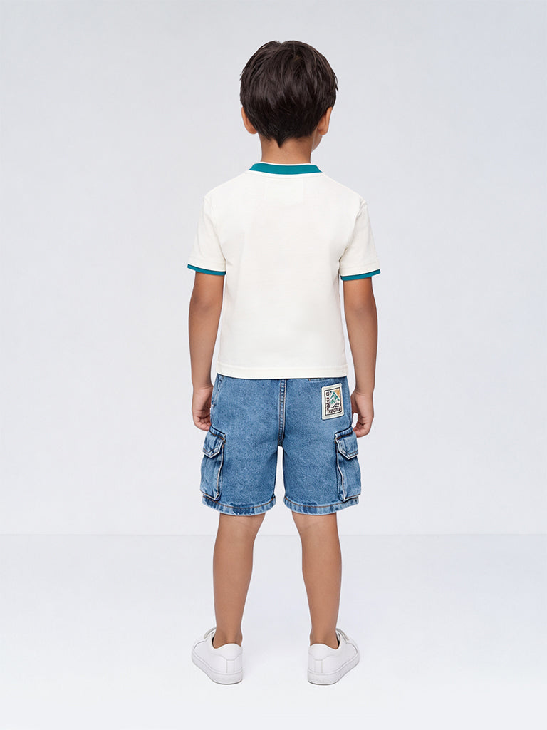 HOP Kids Boys Off-White Animal Printed Cotton T-Shirt