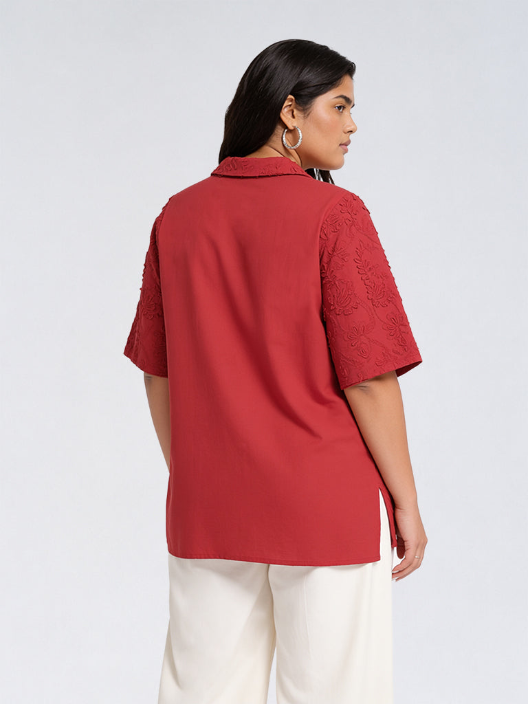 Diza Red Floral Embroidered High-Low Cotton Tunic