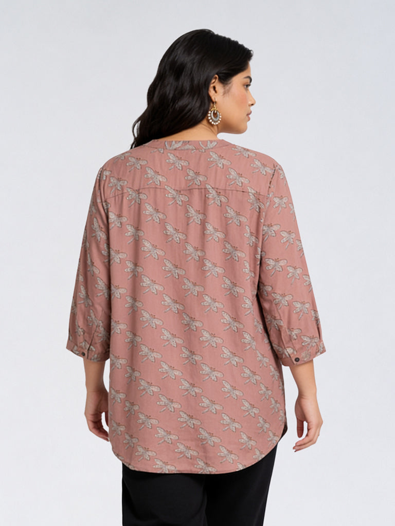Diza Dull Pink Dragonfly Printed Tunic