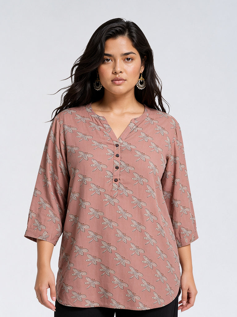 Diza Dull Pink Dragonfly Printed Tunic