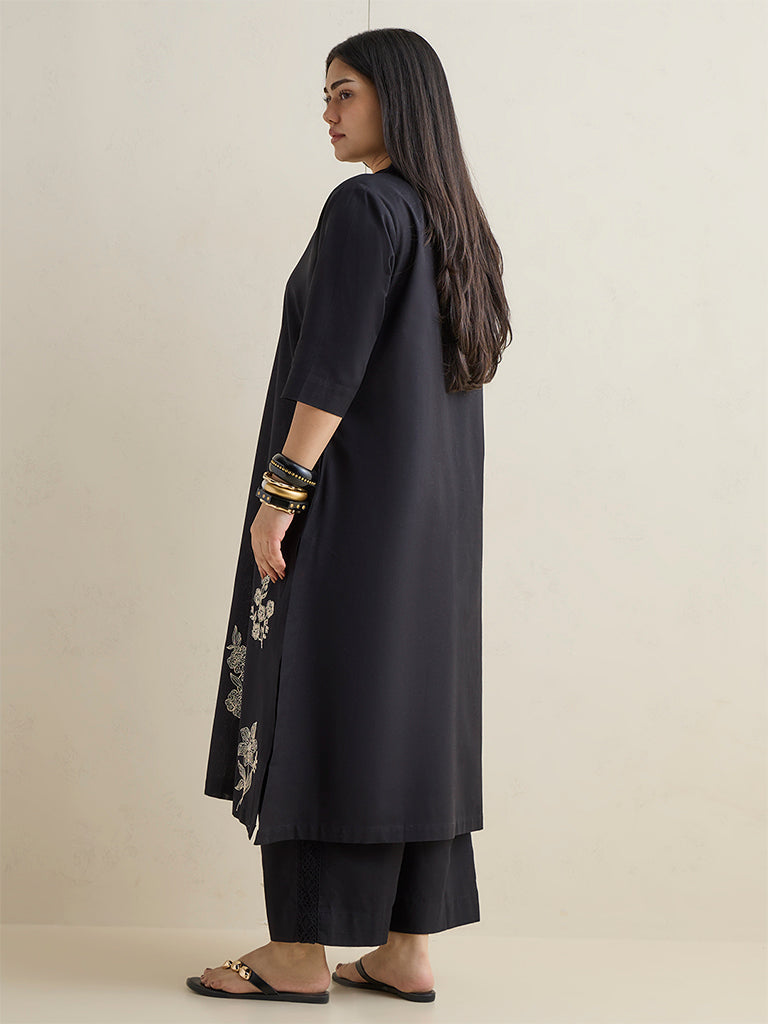 Diza Black Embroidered Cotton-Blend A-Line Kurta