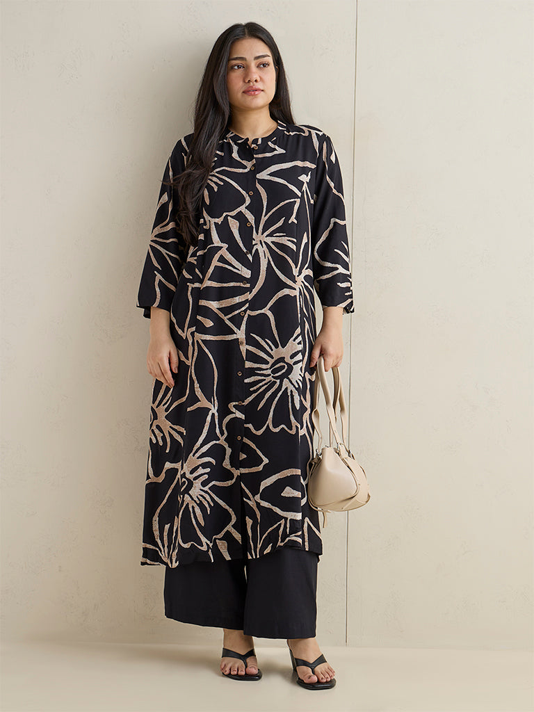 Diza Black Floral Printed A-Line Kurta
