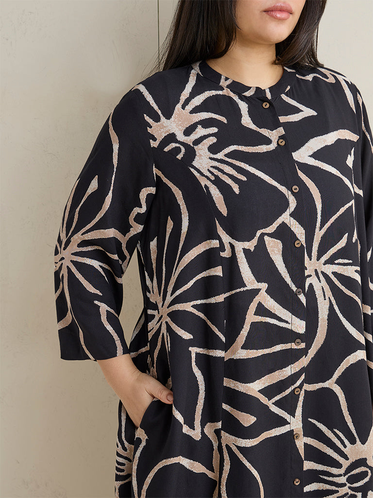 Diza Black Floral Printed A-Line Kurta