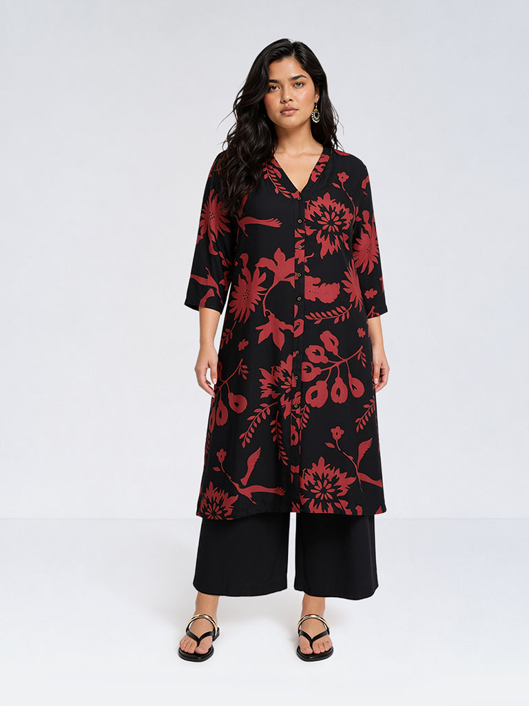 Diza Black Botanical Design A-Line Kurta