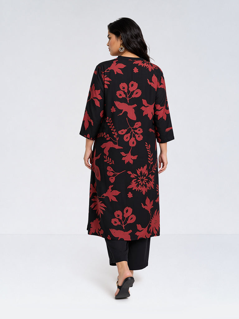 Diza Black Botanical Design A-Line Kurta