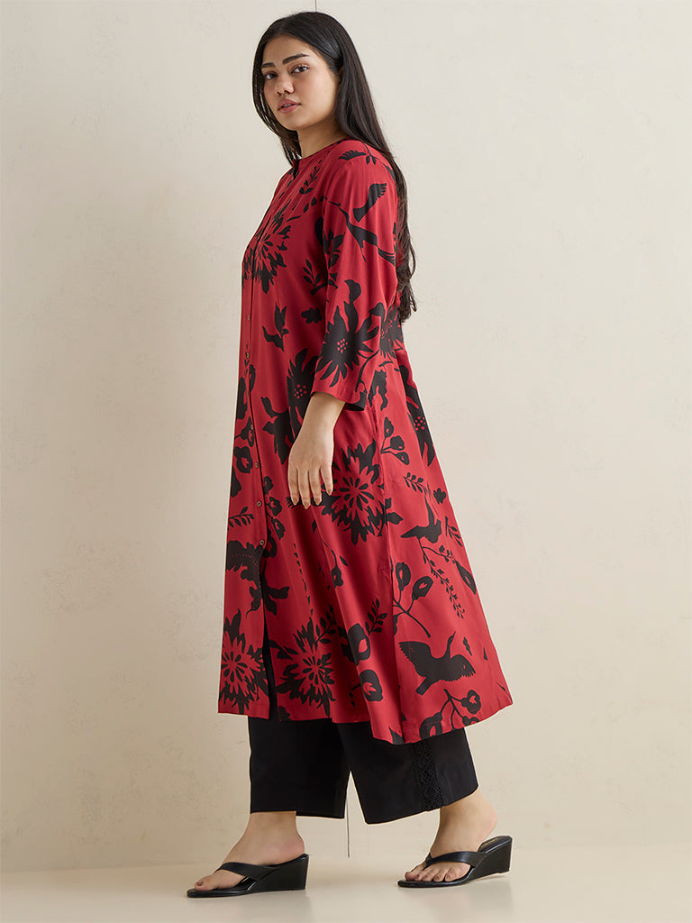 Diza Red Floral Printed A-Line Kurta