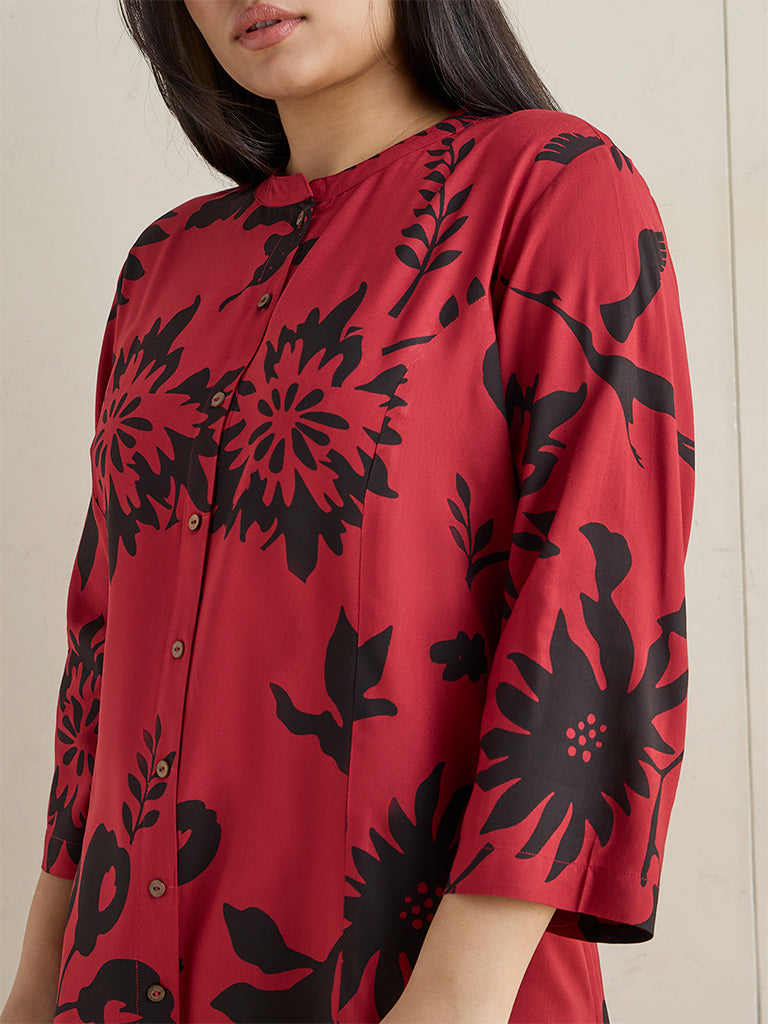 Diza Red Floral Printed A-Line Kurta