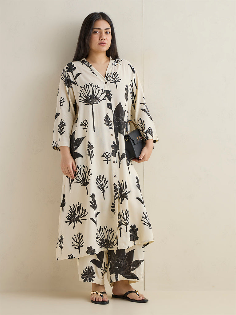 Diza Off-White Floral Printed A-Line Kurta