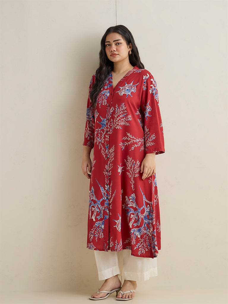 Diza Red Floral Printed A-Line Kurta