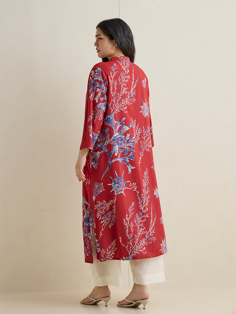 Diza Red Floral Printed A-Line Kurta