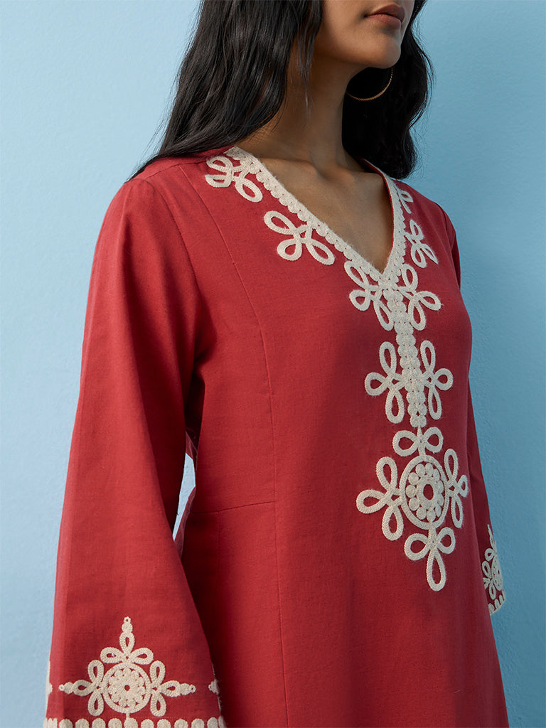 Utsa Rust Embroidered Cotton-Blend A-Line Kurta