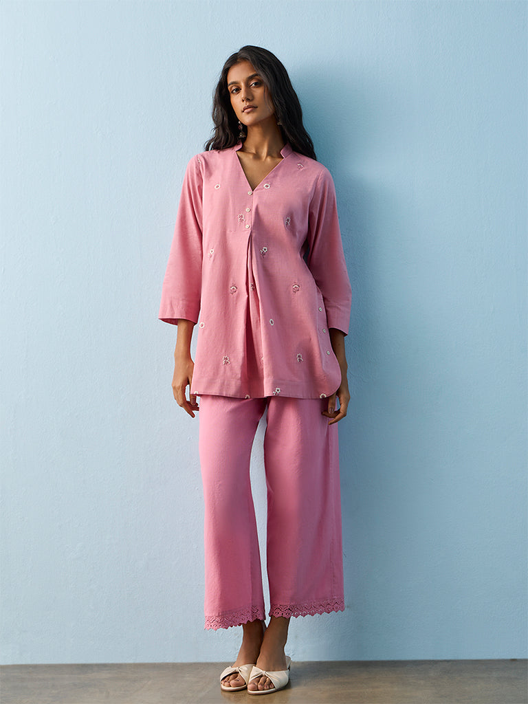 Utsa Pink Floral Embroidered Cotton Tunic